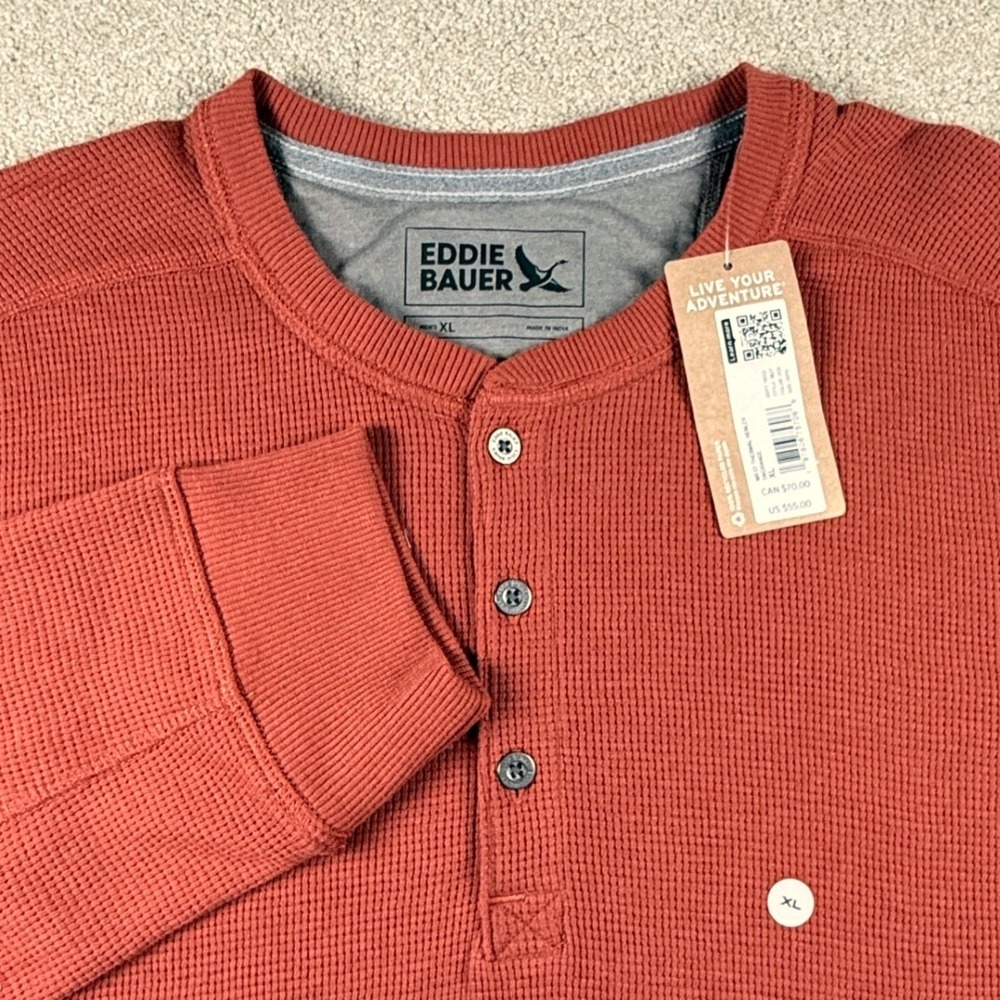 Eddie Bauer Henley Shirt Mens XL Orange Waffle Knit Thermal Long Sleeve New